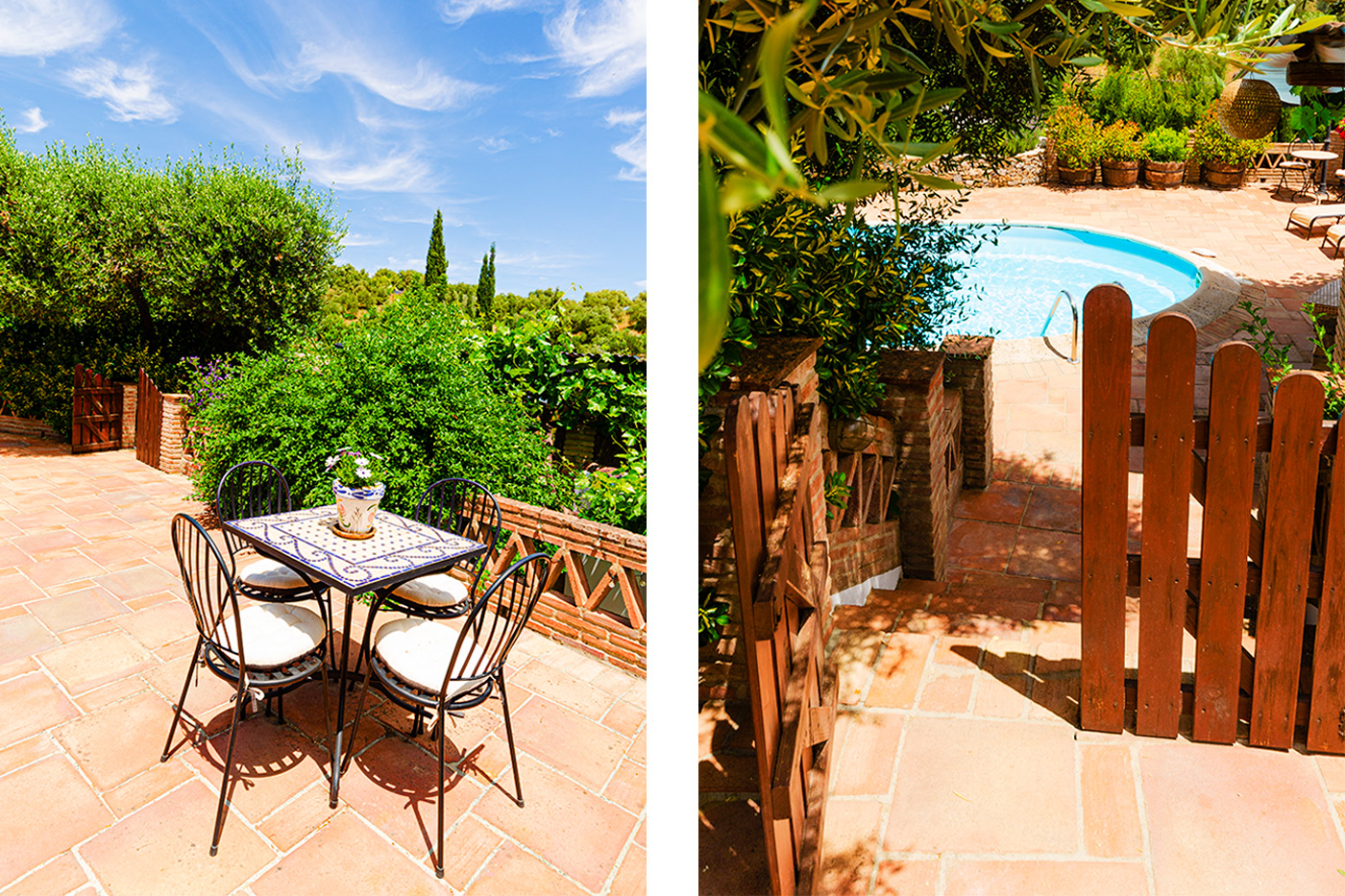 Terraza y escalones que bajan a piscina