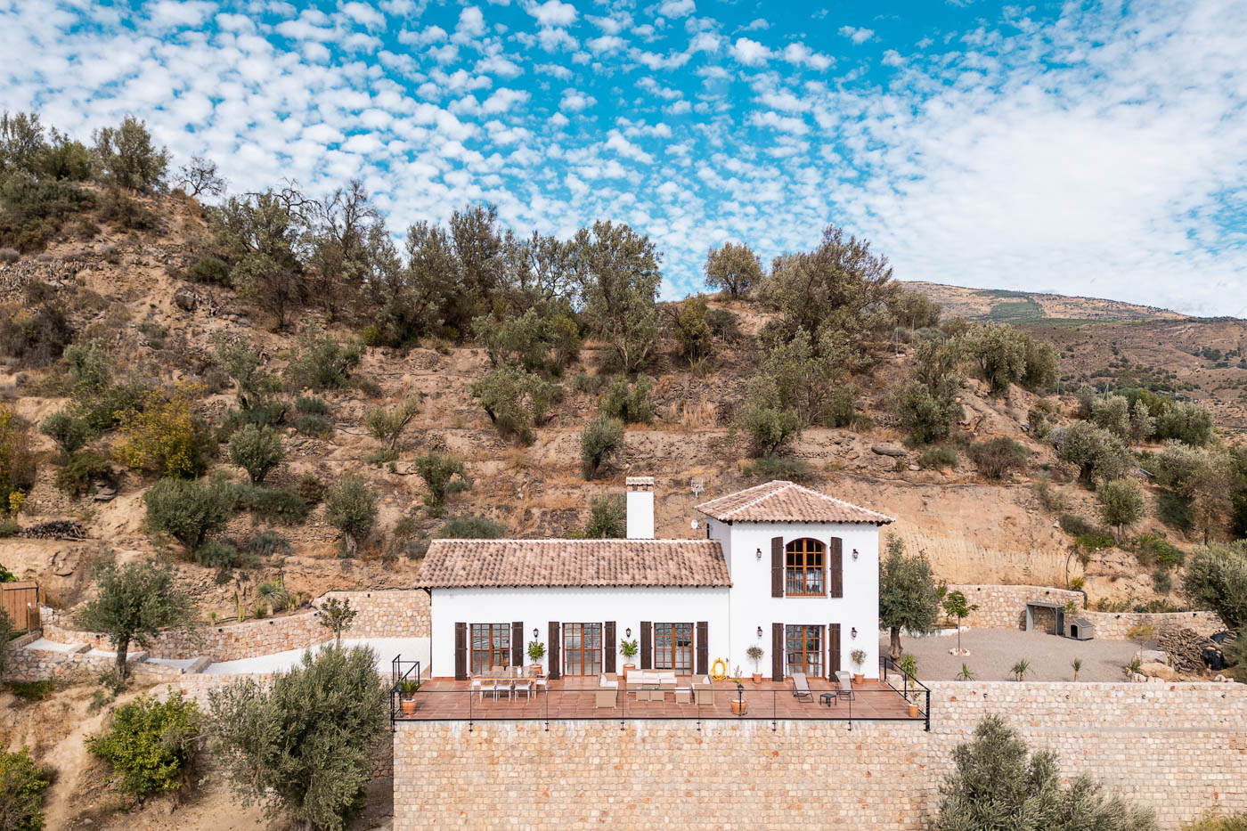 Front terrace and house seen from the air