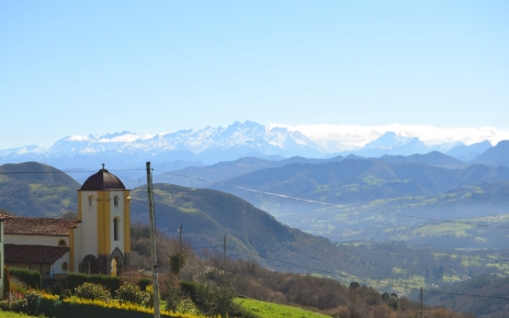 Villlage church and Picos de Europa