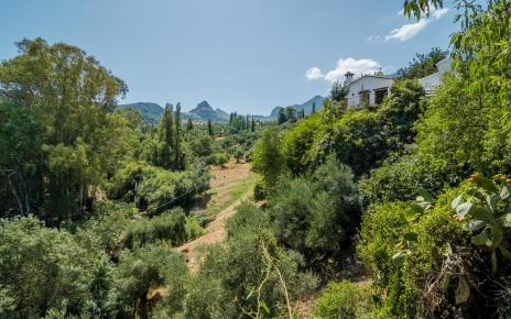 The villa seen from countryside below the cottage