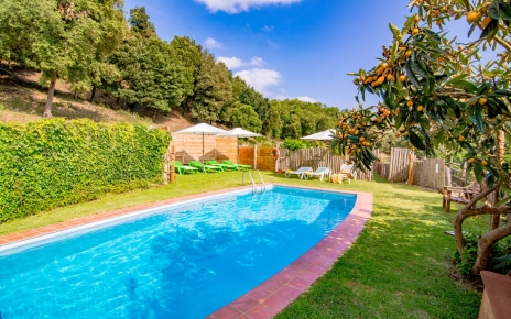 Piscina y jardines con césped y nísperos