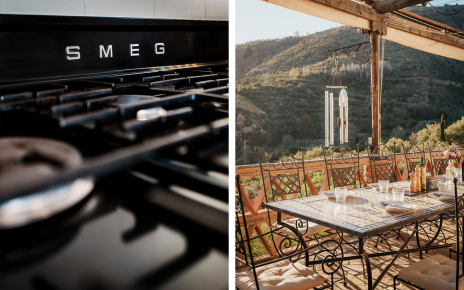 La terraza con mobiliario está junto a la cocina