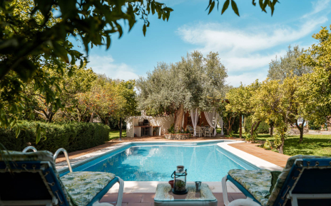 Piscina de buen tamaño con impresionantes jardines